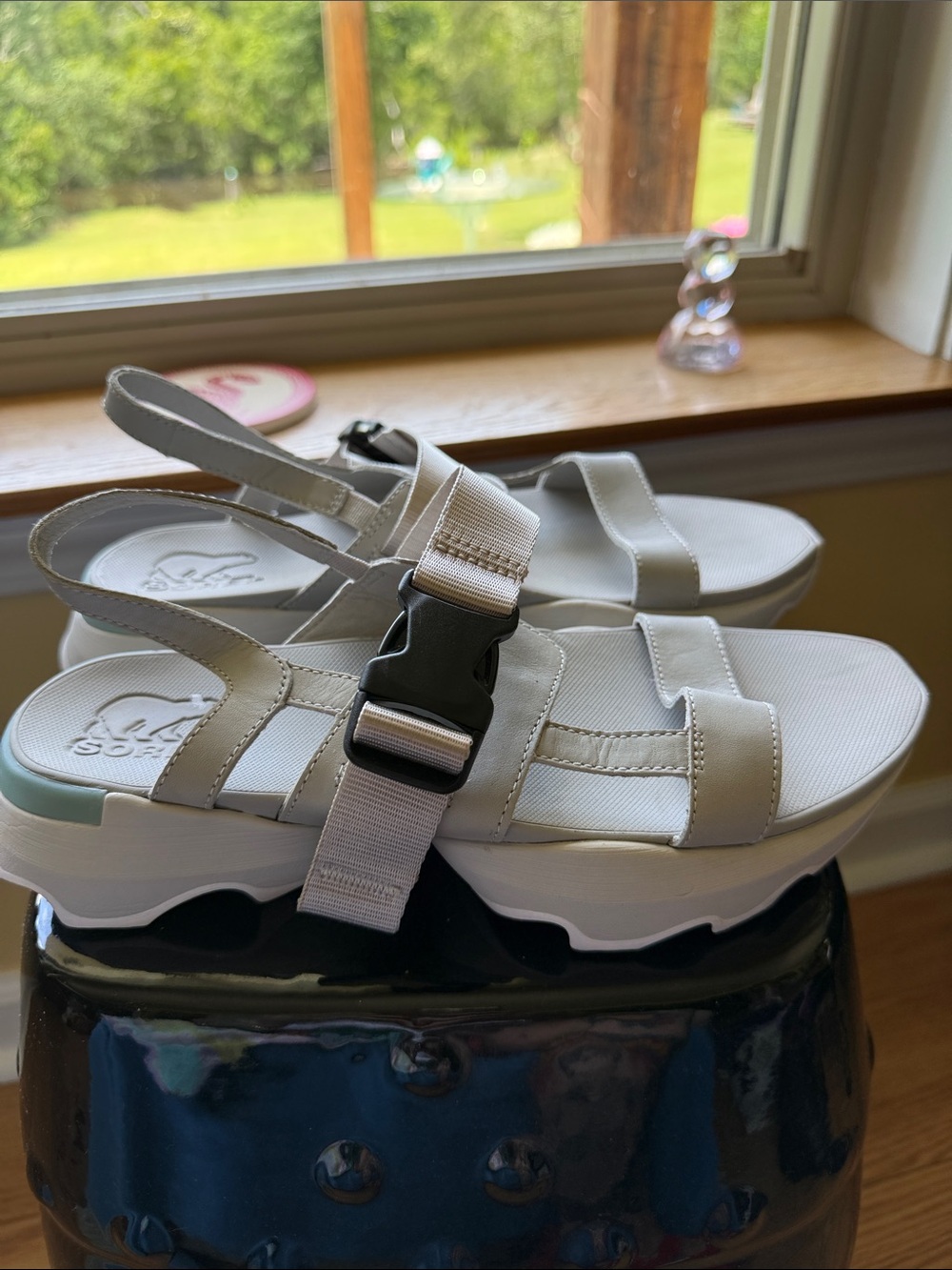 Sorel Kinetic Impact Slingback Sandals in the Sea Salt/White colorway NL4697-009